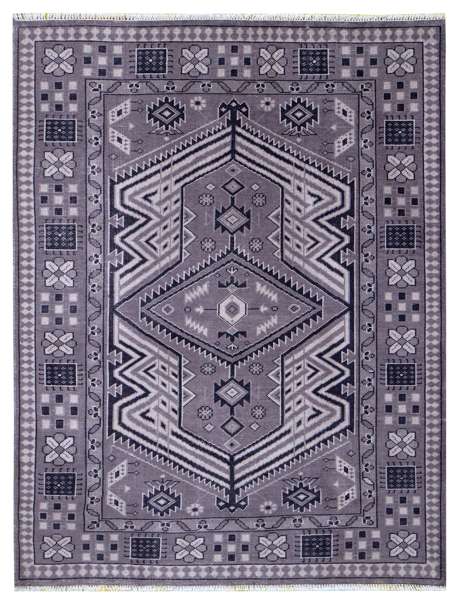 Lavender Grey Ivory Charcoal Caucasian Double Medallion Tribal Wool Hand Knotted Vintage 8x10 Area Rug
