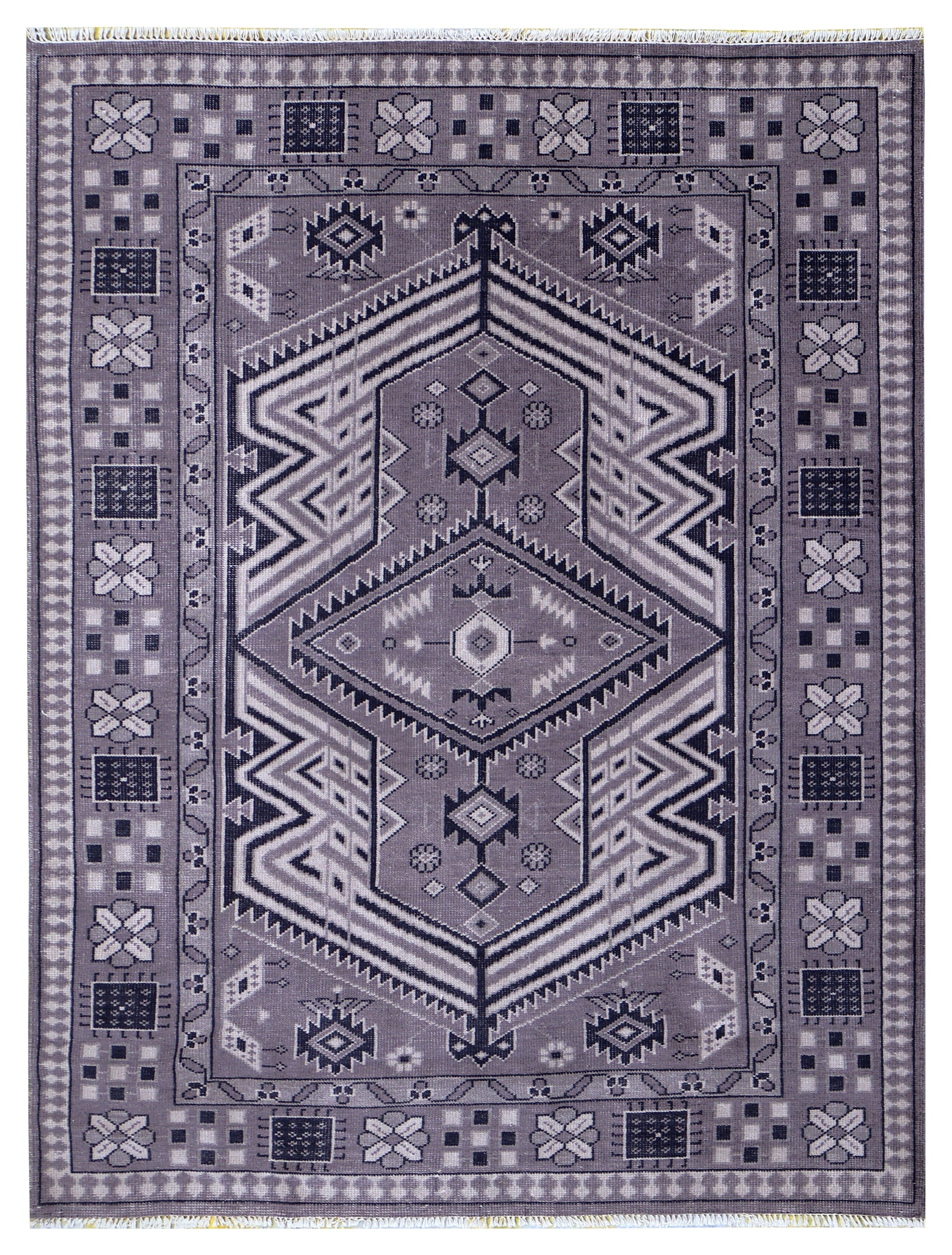 Lavender Grey Ivory Charcoal Caucasian Double Medallion Tribal Wool Hand Knotted Vintage 8x10 Area Rug