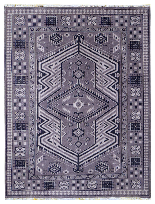 Lavender Grey Ivory Charcoal Caucasian Double Medallion Tribal Wool Hand Knotted Vintage 8x10 Area Rug