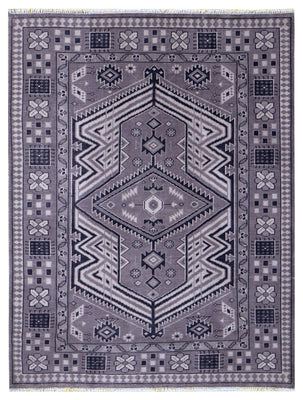 Lavender Grey Ivory Charcoal Caucasian Double Medallion Tribal Wool Hand Knotted Vintage 8x10 Area Rug