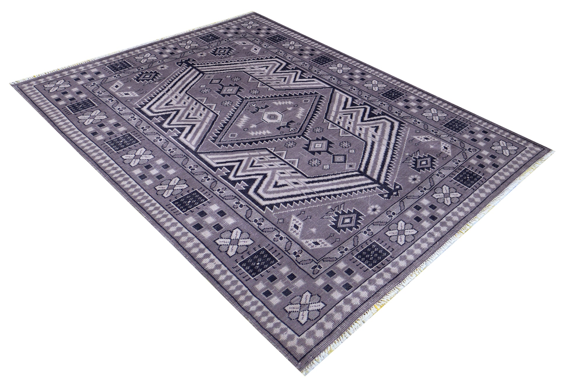 Lavender Grey Ivory Charcoal Caucasian Double Medallion Tribal Wool Hand Knotted Vintage 8x10 Area Rug
