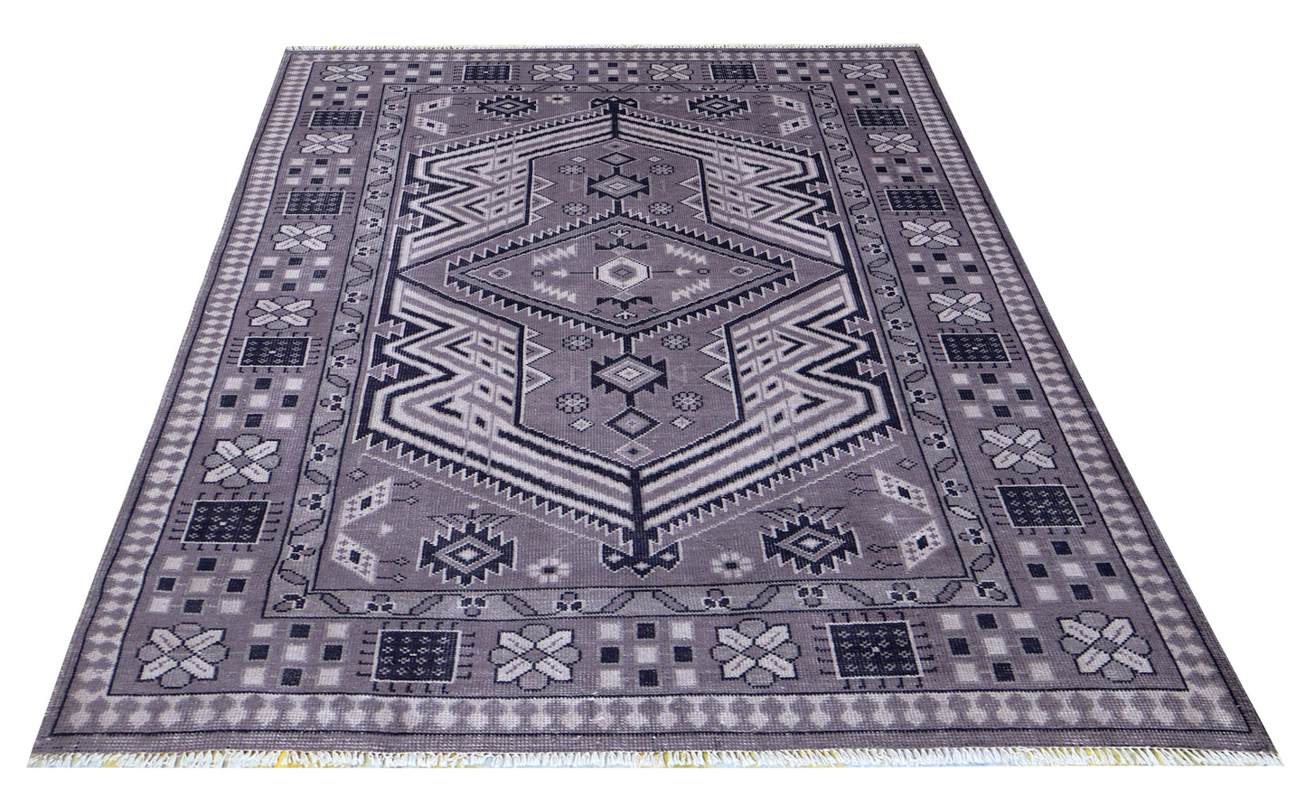 Lavender Grey Ivory Charcoal Caucasian Double Medallion Tribal Wool Hand Knotted Vintage 8x10 Area Rug