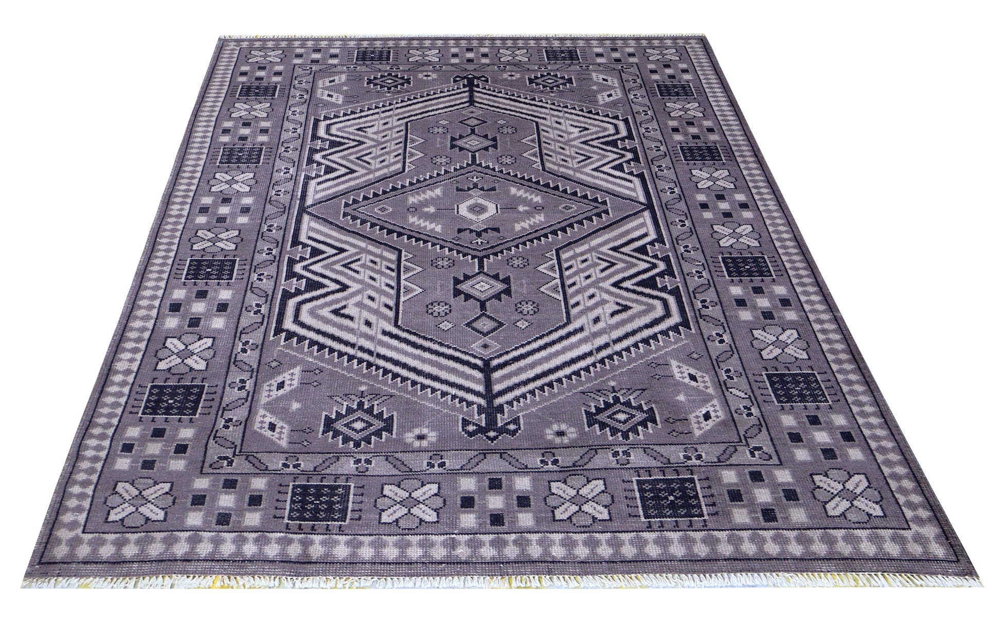 Lavender Grey Ivory Charcoal Caucasian Double Medallion Tribal Wool Hand Knotted Vintage 8x10 Area Rug