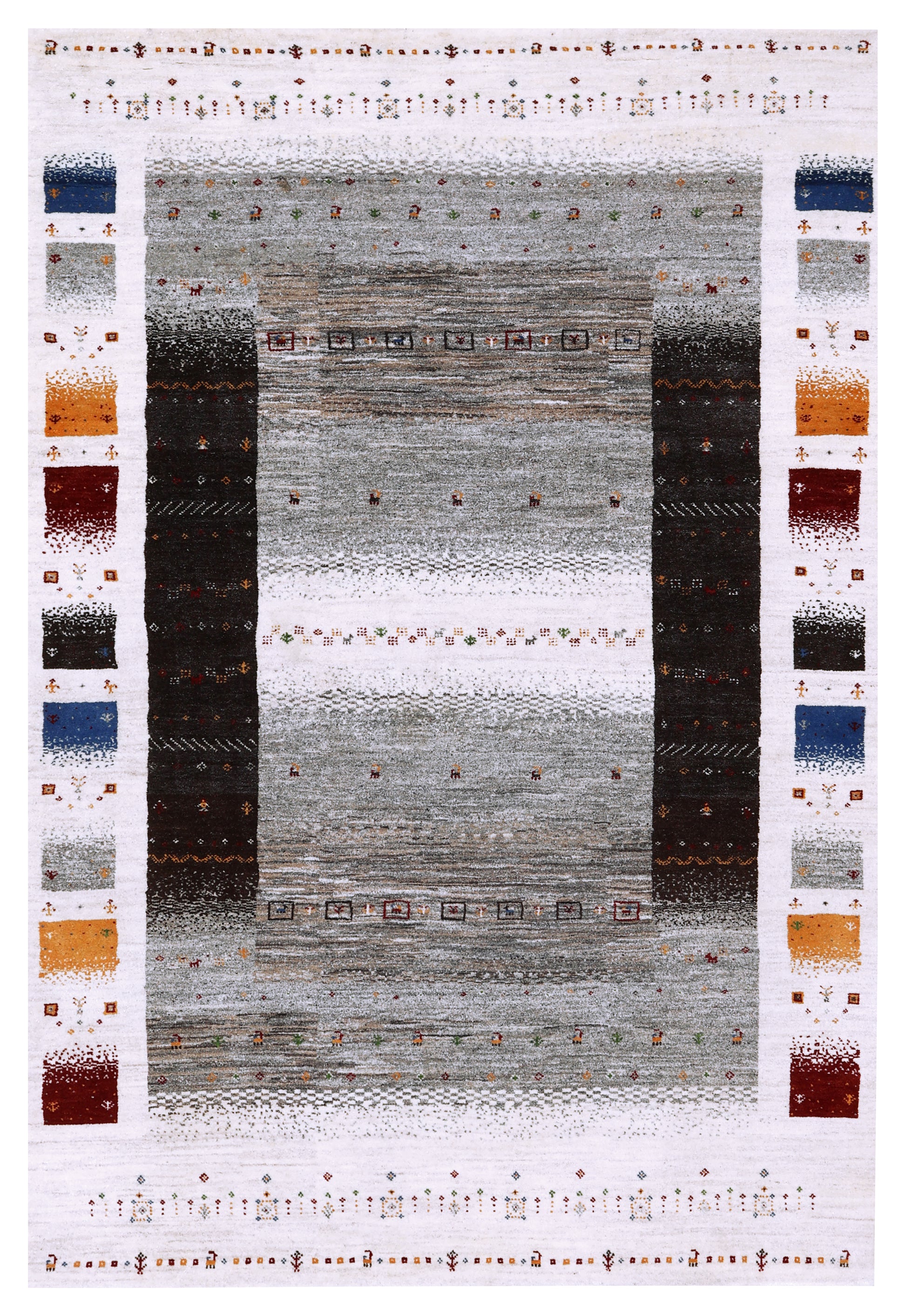 Ivory Grey Gabbeh Lori Patchwork Border Hand Knotted Wool Traditional 5.6x8 Area Rug