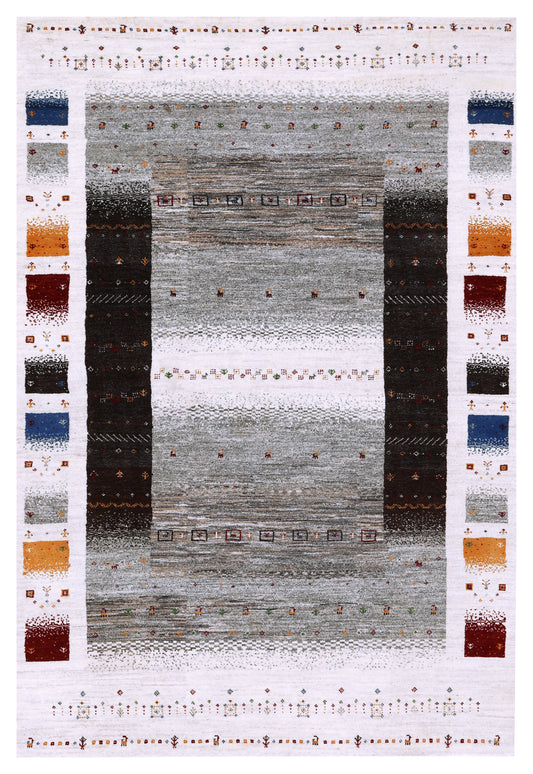 Ivory Grey Gabbeh Lori Patchwork Border Hand Knotted Wool Traditional 5.6x8 Area Rug