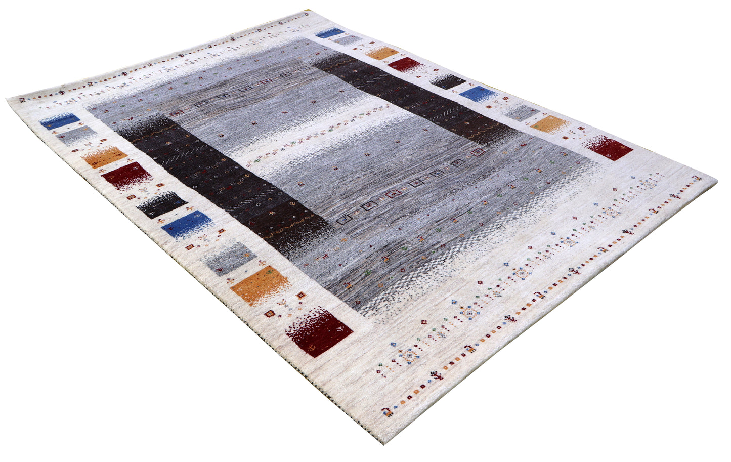 Ivory Grey Gabbeh Lori Patchwork Border Hand Knotted Wool Traditional 5.6x8 Area Rug