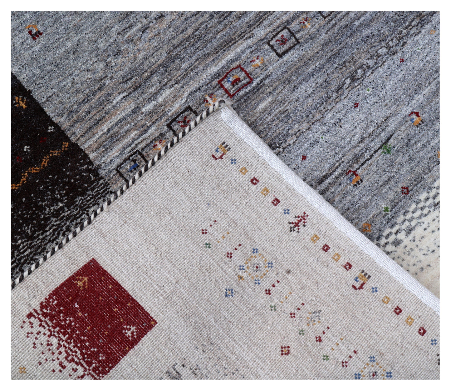 Ivory Grey Gabbeh Lori Patchwork Border Hand Knotted Wool Traditional 5.6x8 Area Rug