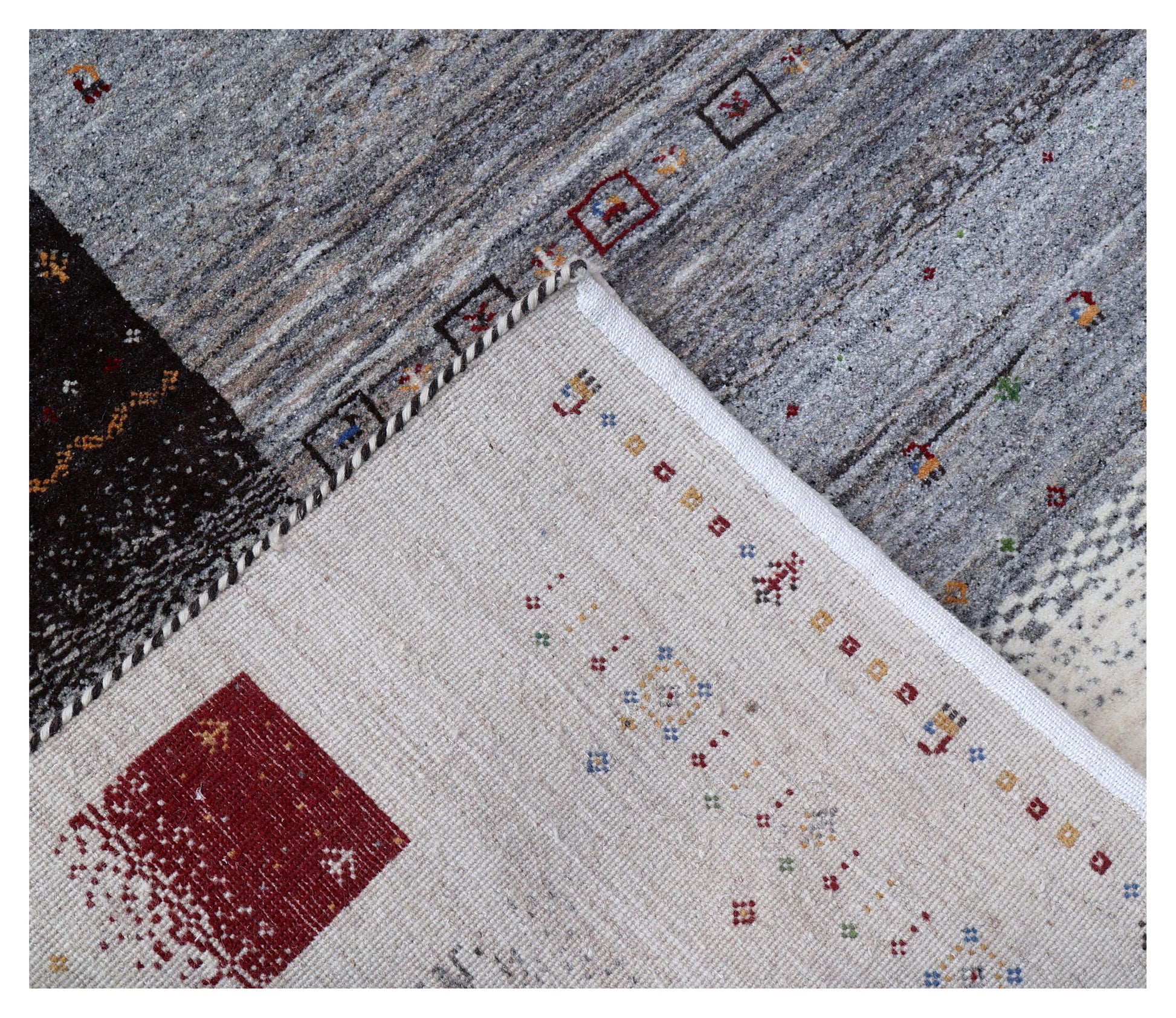 Ivory Grey Gabbeh Lori Patchwork Border Hand Knotted Wool Traditional 5.6x8 Area Rug