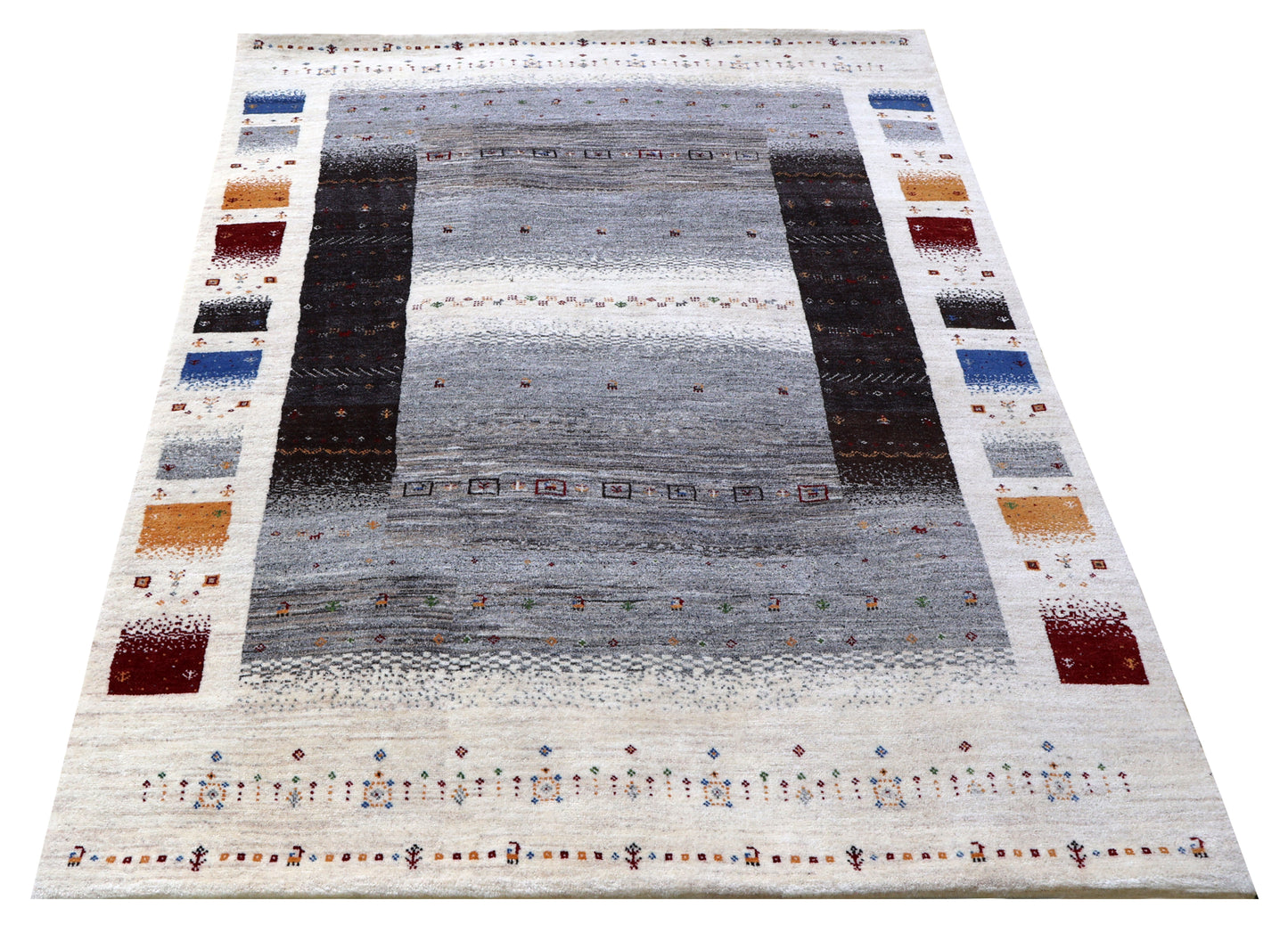 Ivory Grey Gabbeh Lori Patchwork Border Hand Knotted Wool Traditional 5.6x8 Area Rug