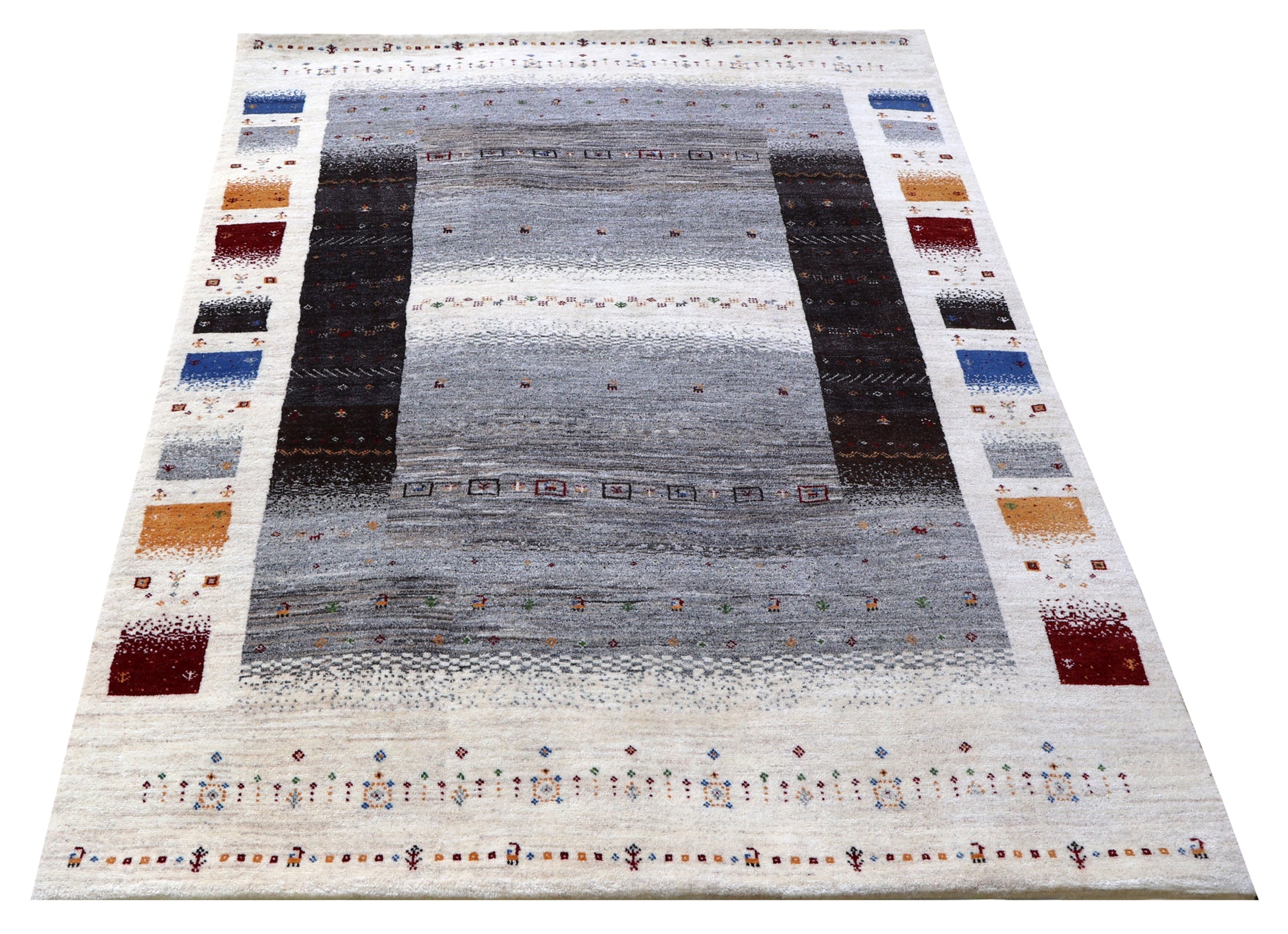 Ivory Grey Gabbeh Lori Patchwork Border Hand Knotted Wool Traditional 5.6x8 Area Rug