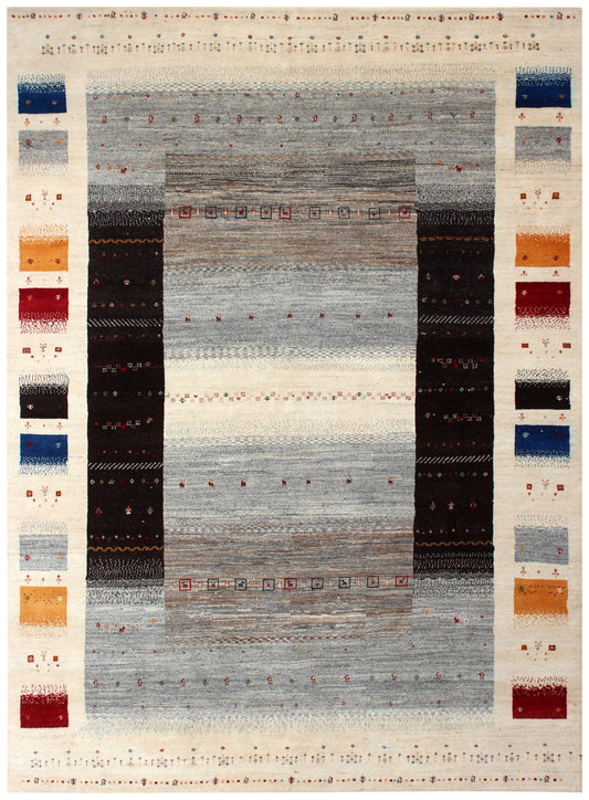 Hand Knotted Gabbeh Tribal Wool Rug 8x10 - Grey Multi Color Border