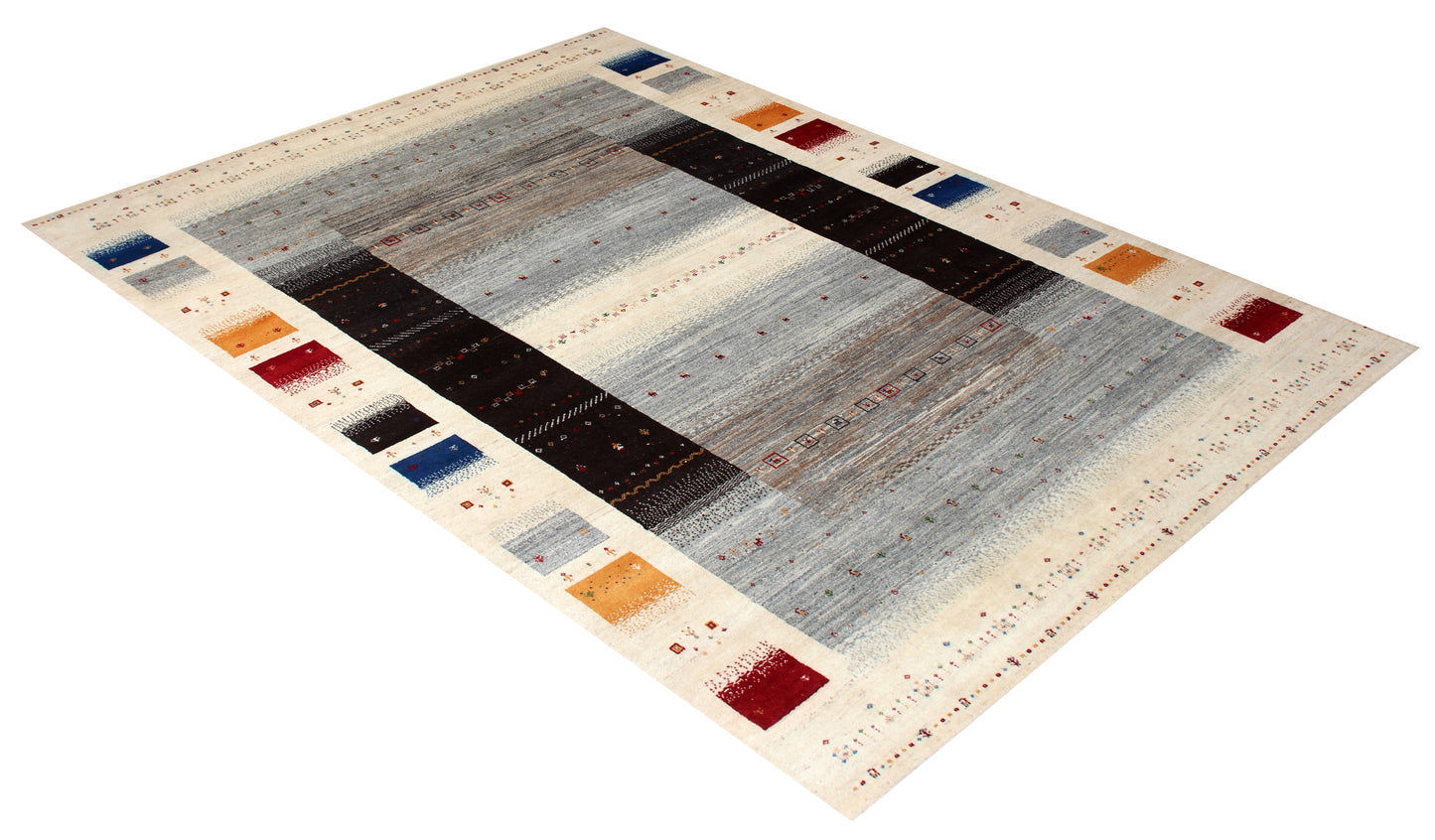 Hand Knotted Gabbeh Tribal Wool Rug 8x10 - Grey Multi Color Border