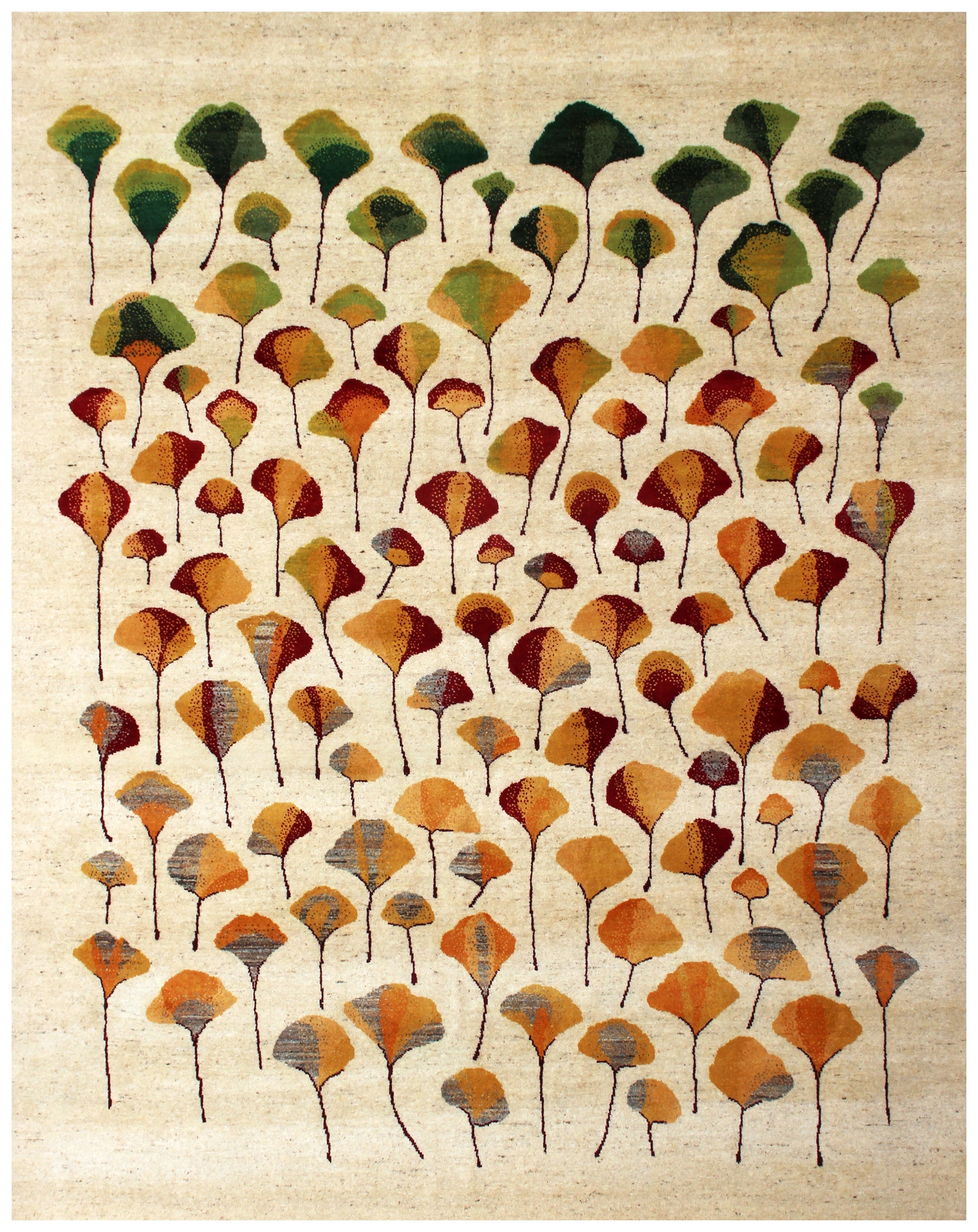 Hand Knotted Ginkgo Leaf Wool Rug 8x10 - Ivory, Green & Rust Multi