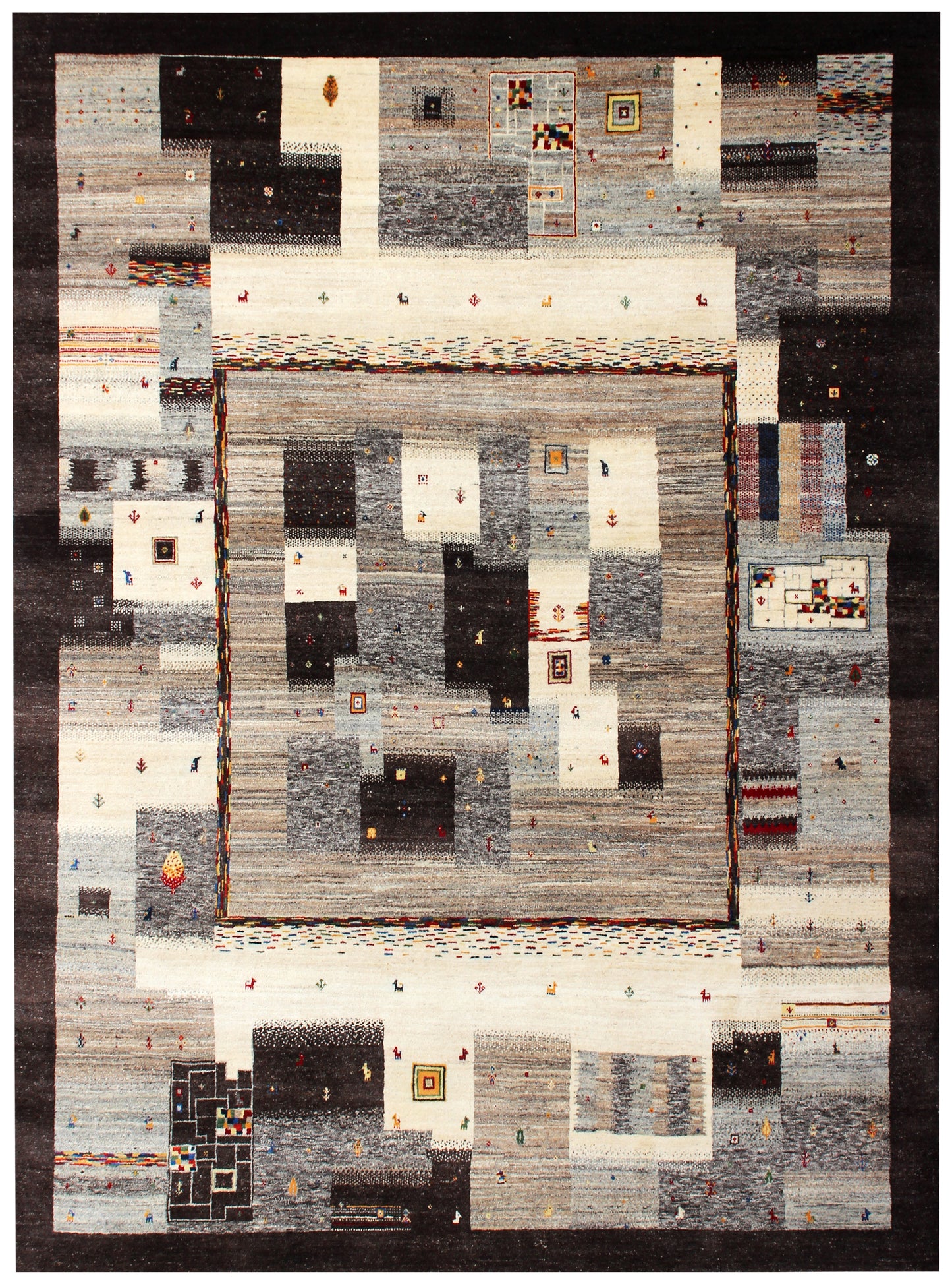 Hand Knotted Contemporary Gabbeh Patchwork Wool Rug 8x10 - Black Multi