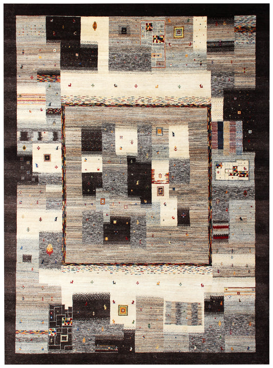 Hand Knotted Contemporary Gabbeh Patchwork Wool Rug 8x10 - Black Multi