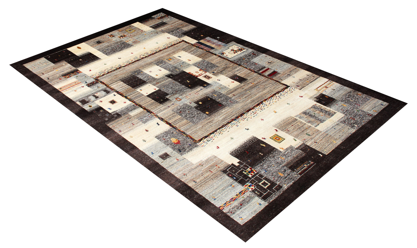 Hand Knotted Contemporary Gabbeh Patchwork Wool Rug 8x10 - Black Multi