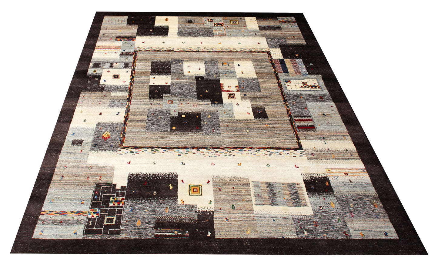 Hand Knotted Contemporary Gabbeh Patchwork Wool Rug 8x10 - Black Multi