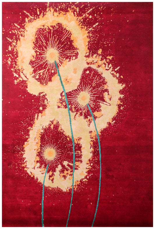 Red Beige Floral 5.6x8 Modern Abstract Hand Knotted Area Rug