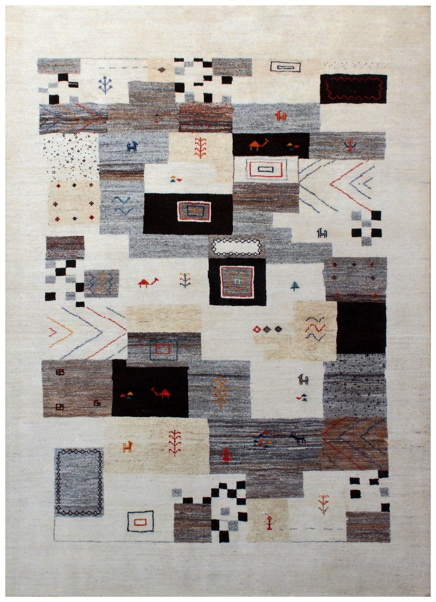 Hand Knotted Contemporary Gabbeh Patchwork Wool Rug 8x10 - Ivory Grey Multi