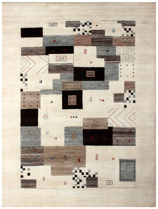 Hand Knotted Contemporary Gabbeh Patchwork Wool Rug 8x10 - Ivory Grey Multi