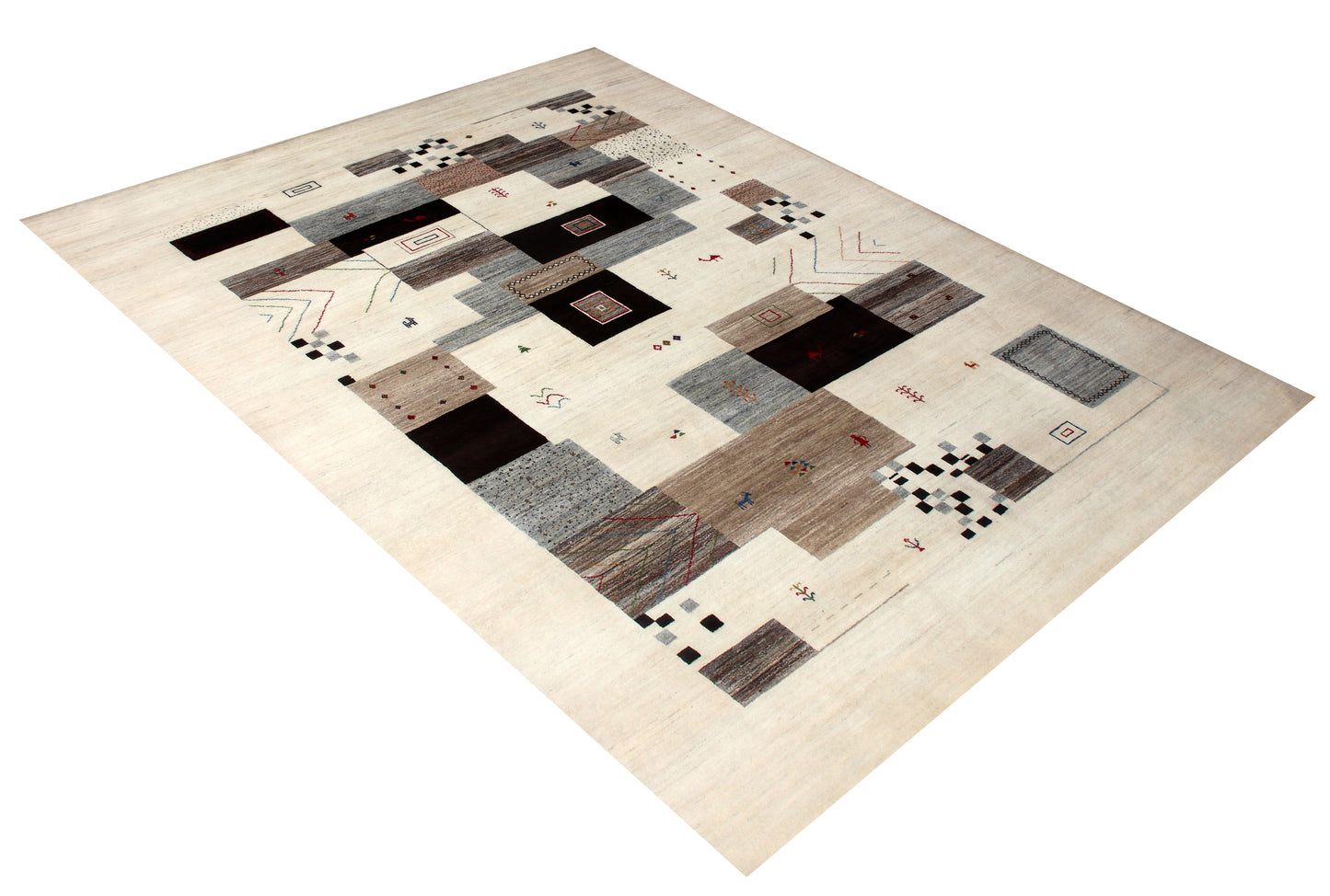 Hand Knotted Contemporary Gabbeh Patchwork Wool Rug 8x10 - Ivory Grey Multi