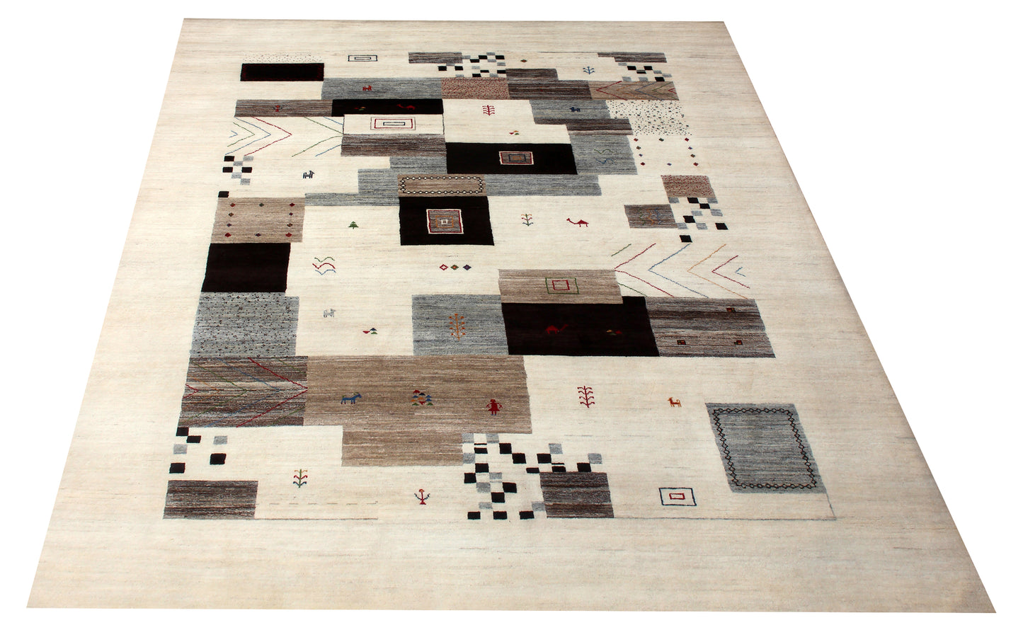 Hand Knotted Contemporary Gabbeh Patchwork Wool Rug 8x10 - Ivory Grey Multi