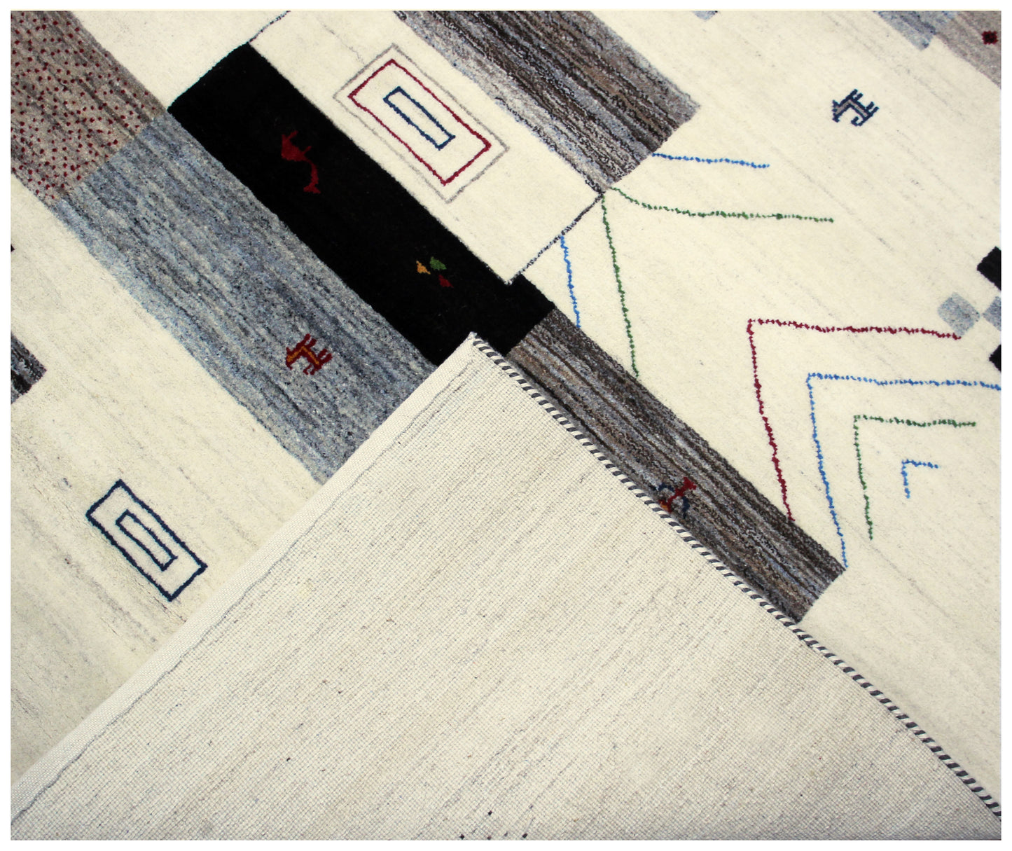 Hand Knotted Contemporary Gabbeh Patchwork Wool Rug 8x10 - Ivory Grey Multi