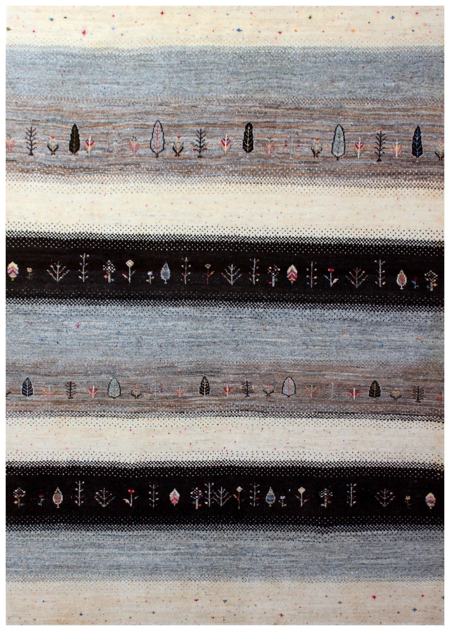 Hand Knotted Gabbeh Tribal Wool Rug 8x10 - Ivory Grey Black Stripes