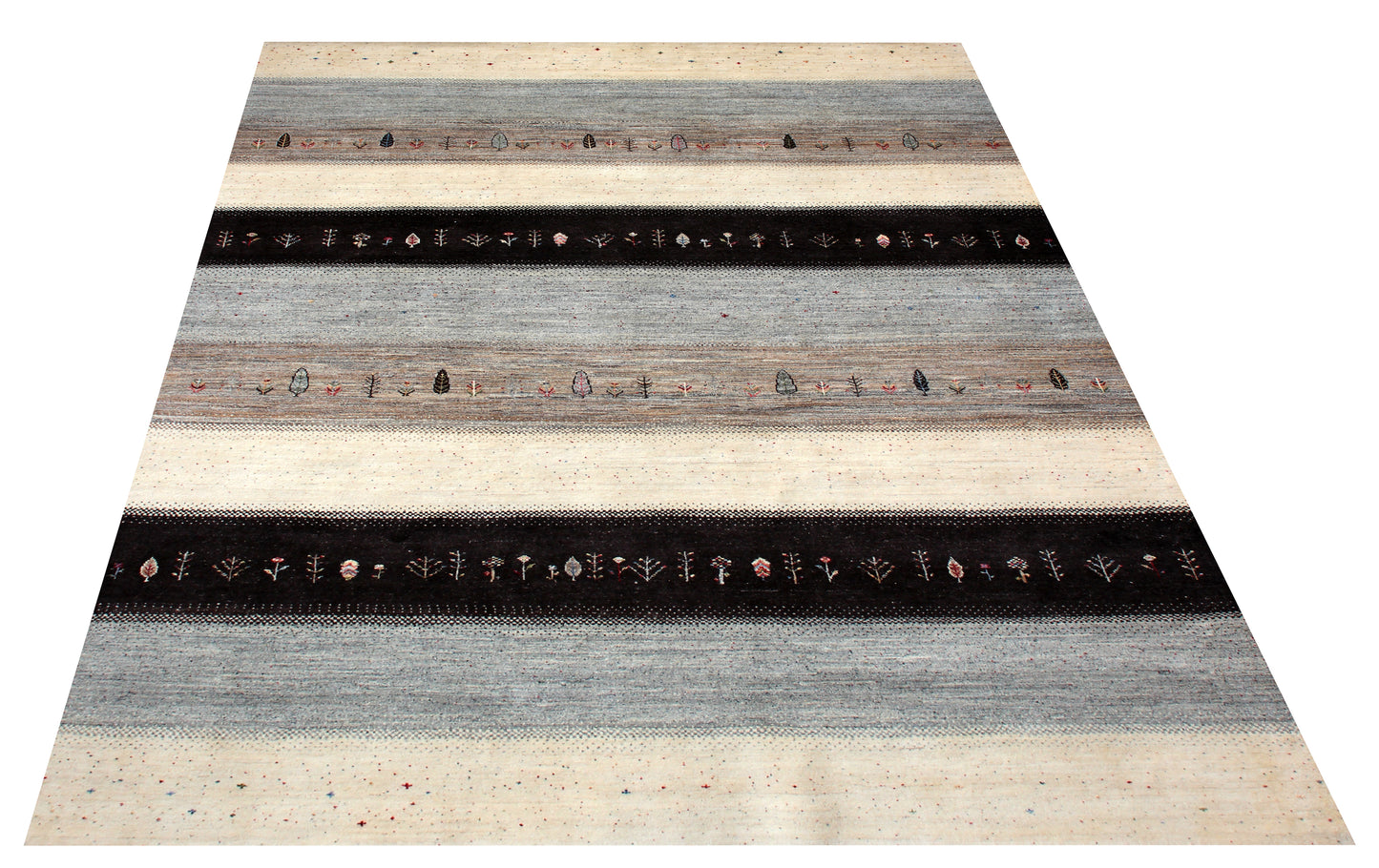 Hand Knotted Gabbeh Tribal Wool Rug 8x10 - Ivory Grey Black Stripes