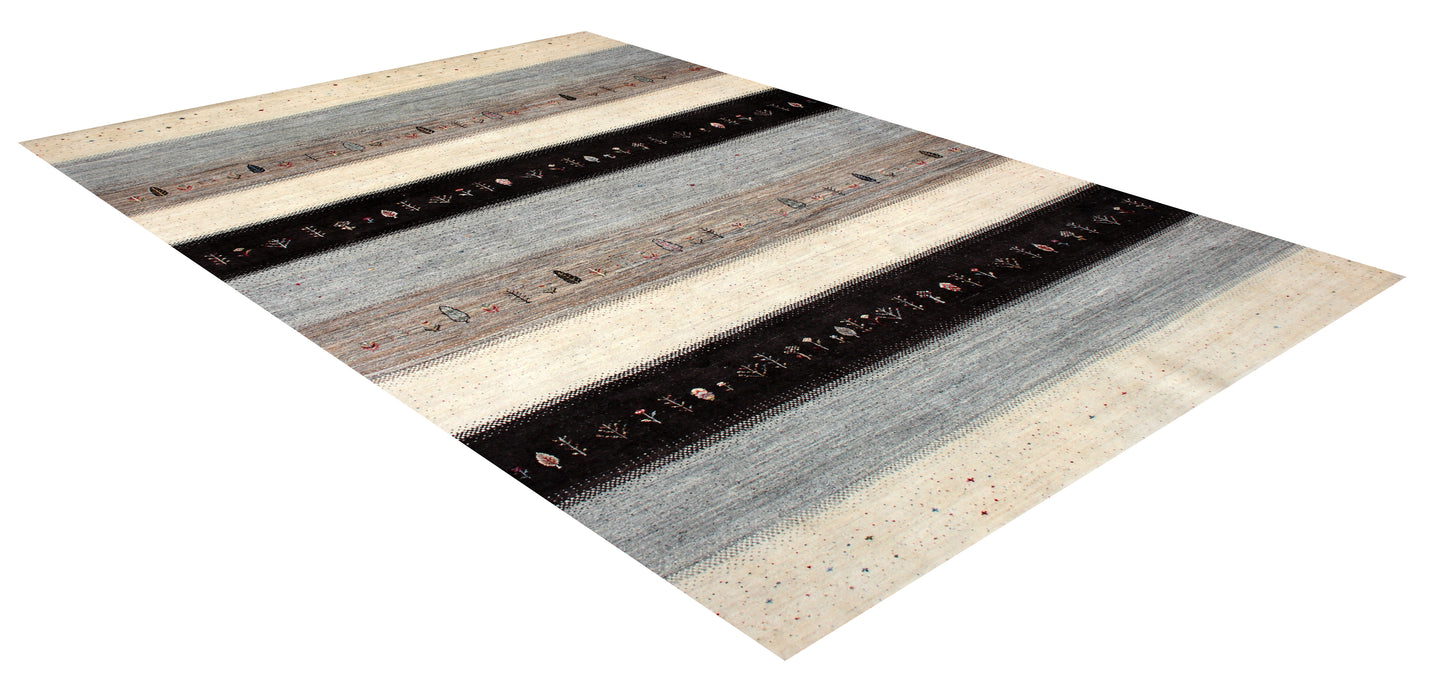 Hand Knotted Gabbeh Tribal Wool Rug 8x10 - Ivory Grey Black Stripes