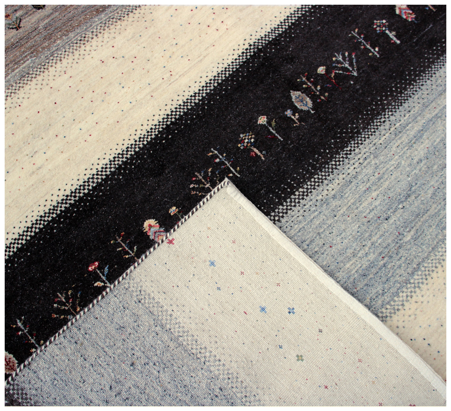 Hand Knotted Gabbeh Tribal Wool Rug 8x10 - Ivory Grey Black Stripes