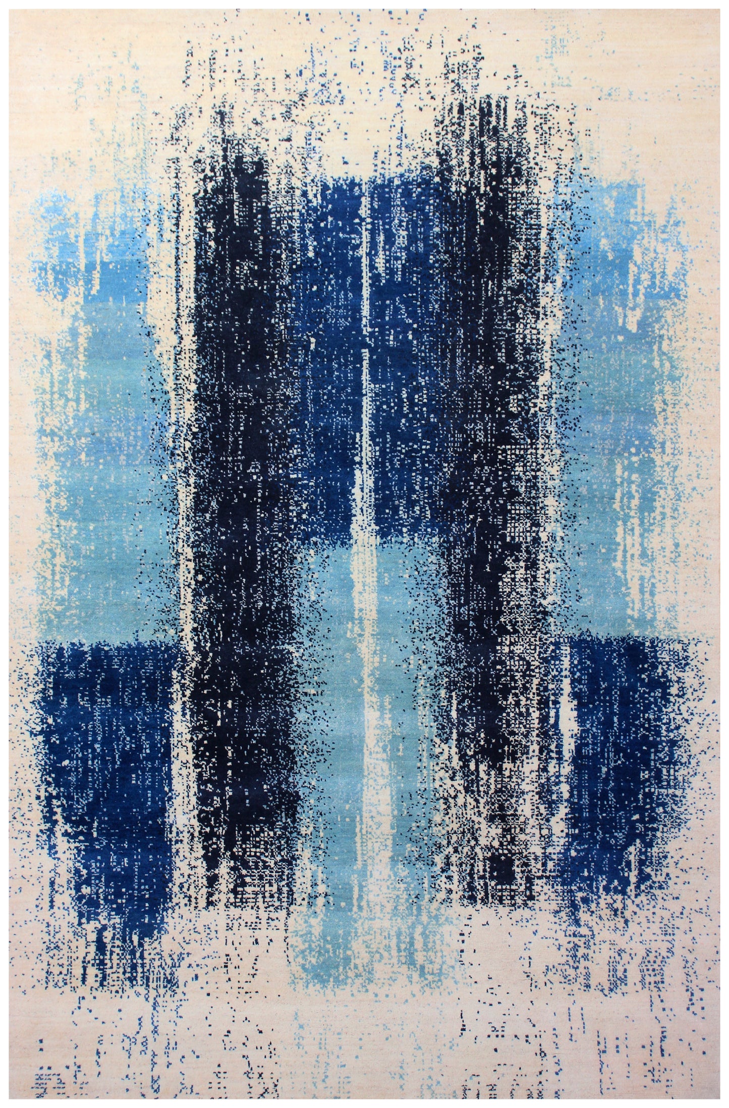 Ivory Blue Abstract Wool Rug 5.6x8 - Hand Knotted Contemporary