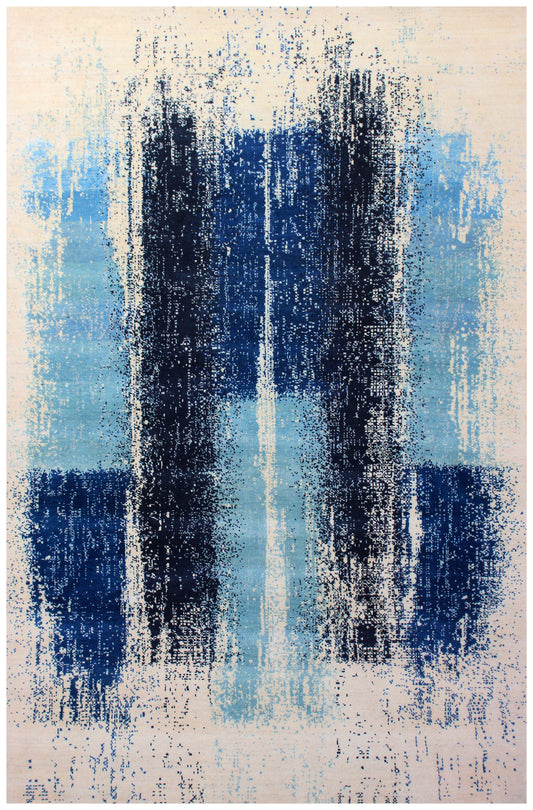 Ivory Blue Abstract Wool Rug 5.6x8 - Hand Knotted Contemporary