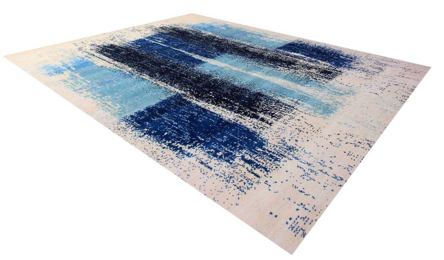 Ivory Blue Abstract Wool Rug 5.6x8 - Hand Knotted Contemporary