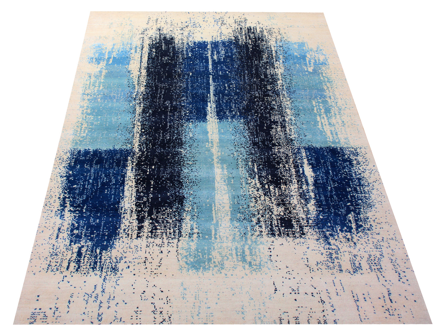 Ivory Blue Abstract Wool Rug 5.6x8 - Hand Knotted Contemporary