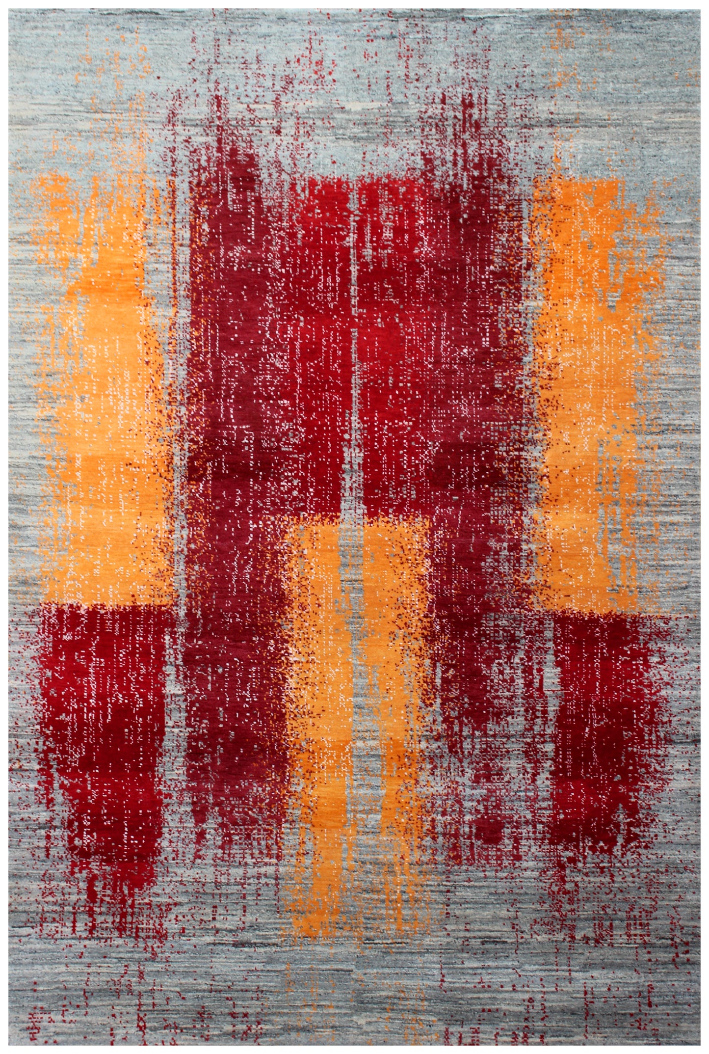 Grey Red Modern Abstract 5.6x8 Area Rug - Hand Knotted