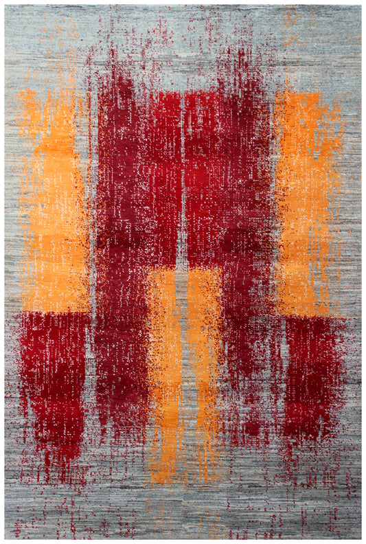 Grey Red Modern Abstract 5.6x8 Area Rug - Hand Knotted
