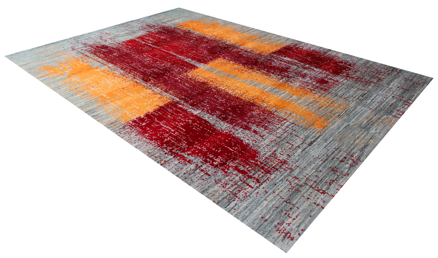 Grey Red Modern Abstract 5.6x8 Area Rug - Hand Knotted