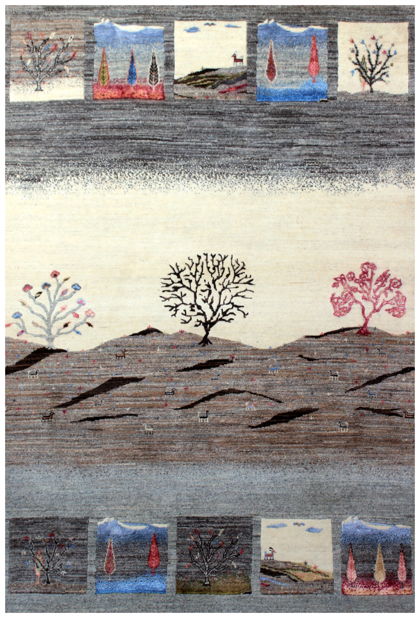 Ivory Grey Gabbeh Landscape Wool Rug 5.6x8 - Hand Knotted Tree Motif