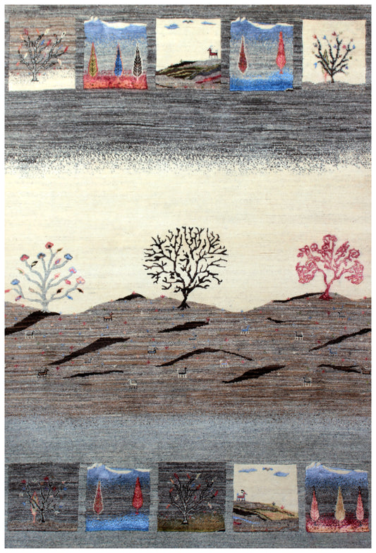Ivory Grey Gabbeh Landscape Wool Rug 5.6x8 - Hand Knotted Tree Motif