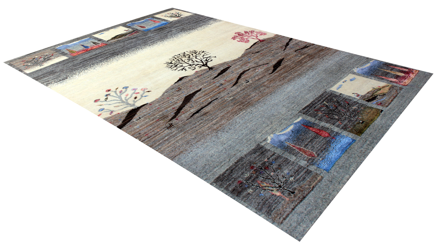 Ivory Grey Gabbeh Landscape Wool Rug 5.6x8 - Hand Knotted Tree Motif