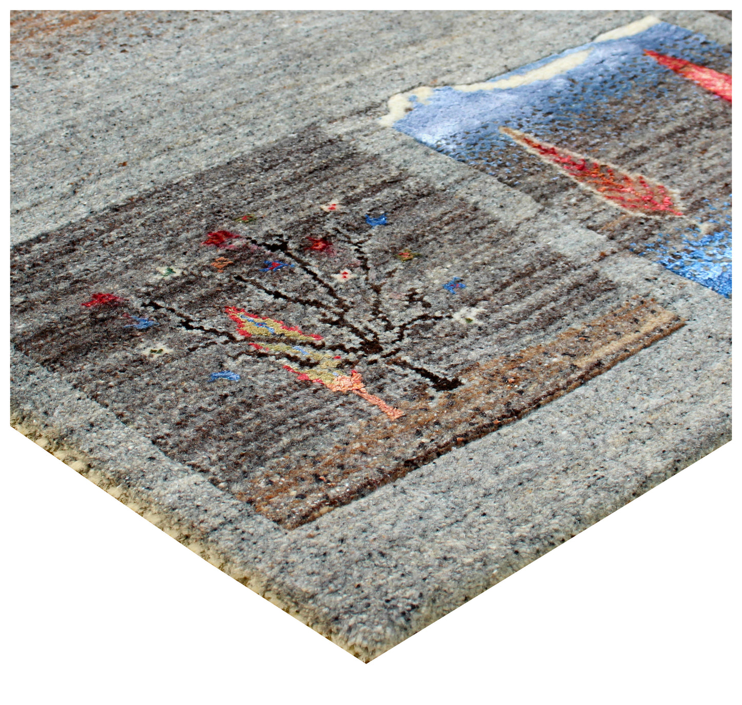 Ivory Grey Gabbeh Landscape Wool Rug 5.6x8 - Hand Knotted Tree Motif