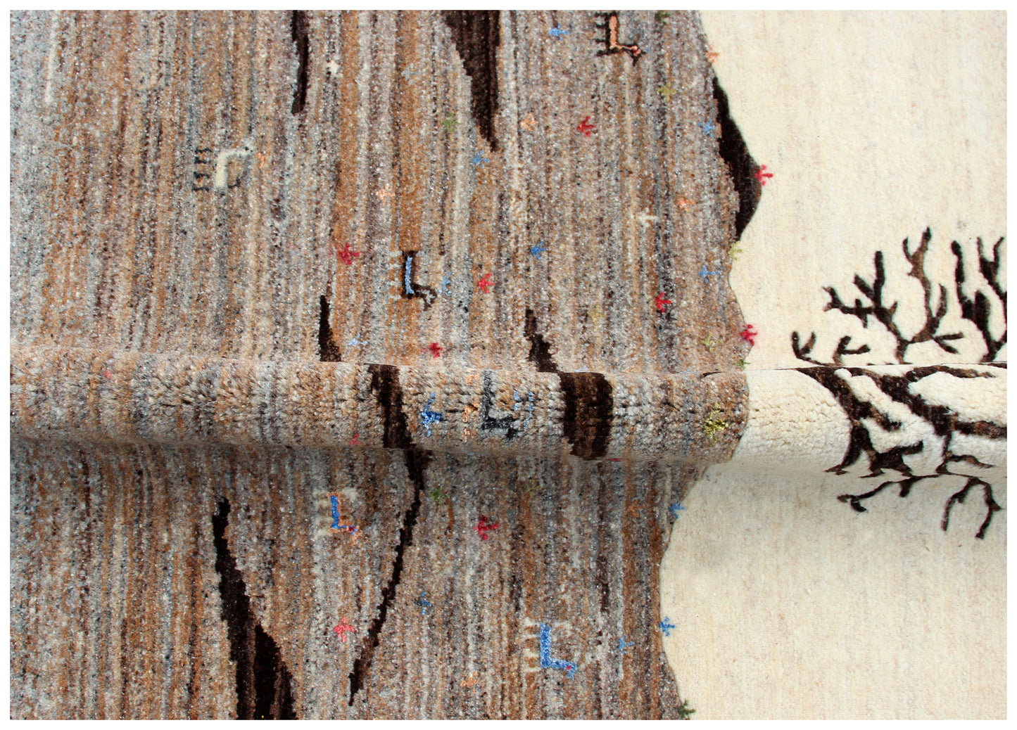 Ivory Grey Gabbeh Landscape Wool Rug 5.6x8 - Hand Knotted Tree Motif