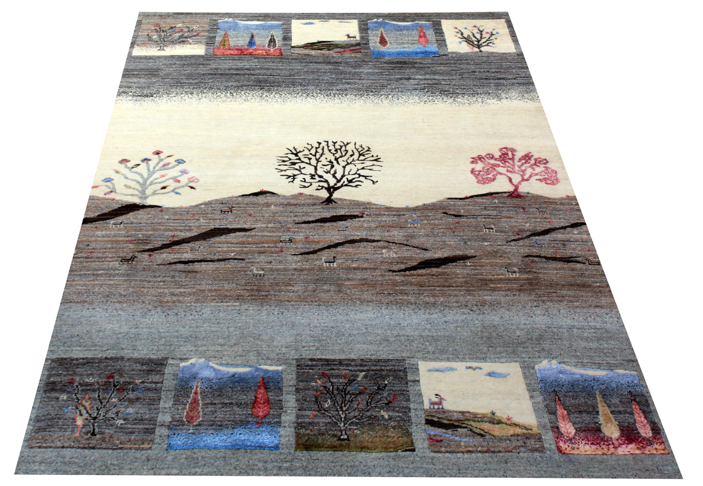 Ivory Grey Gabbeh Landscape Wool Rug 5.6x8 - Hand Knotted Tree Motif