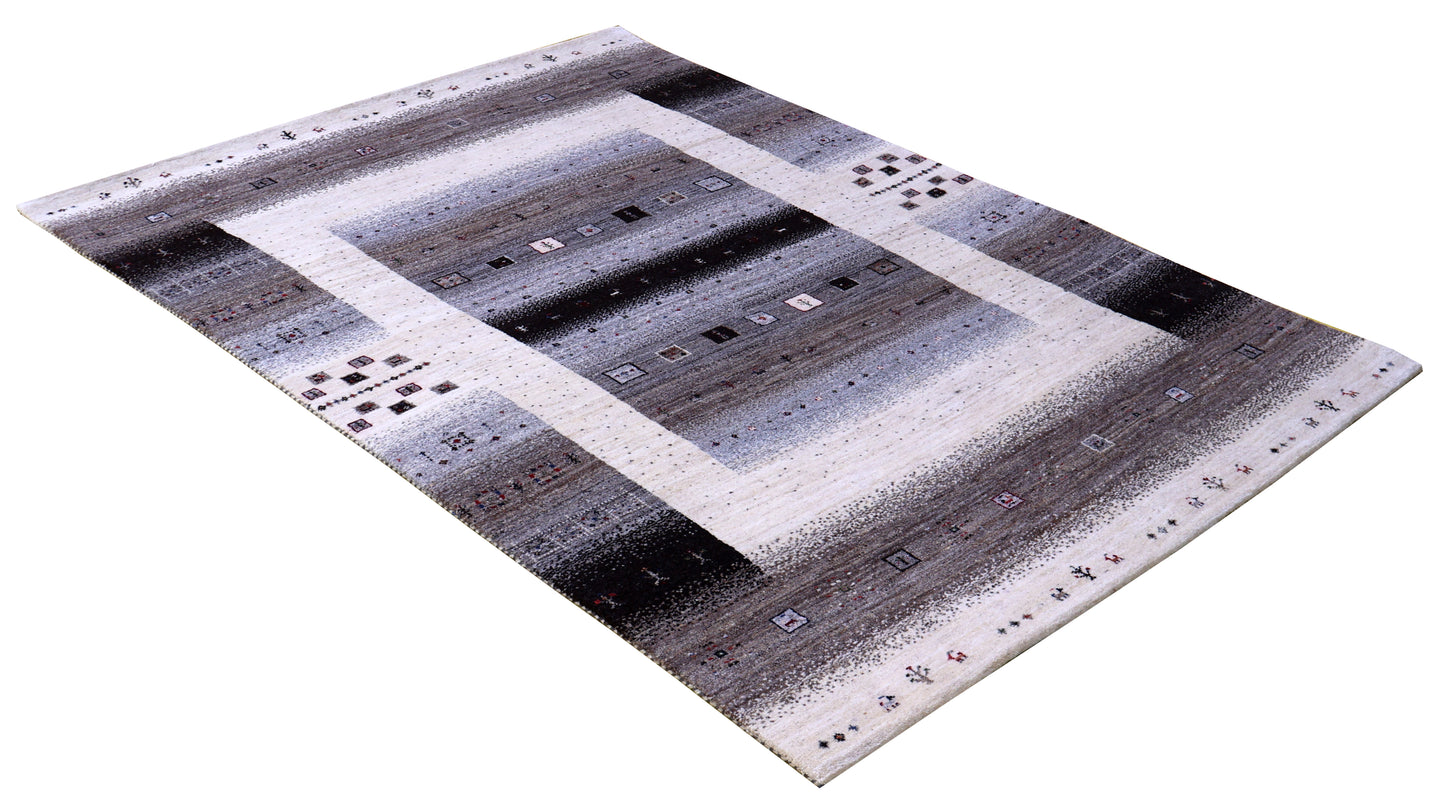 Ivory Grey Taupe Gabbeh Tree of Life Wool Viscose Hand Knotted Traditional 5x7.6 And 5.6x8.6Area Rug