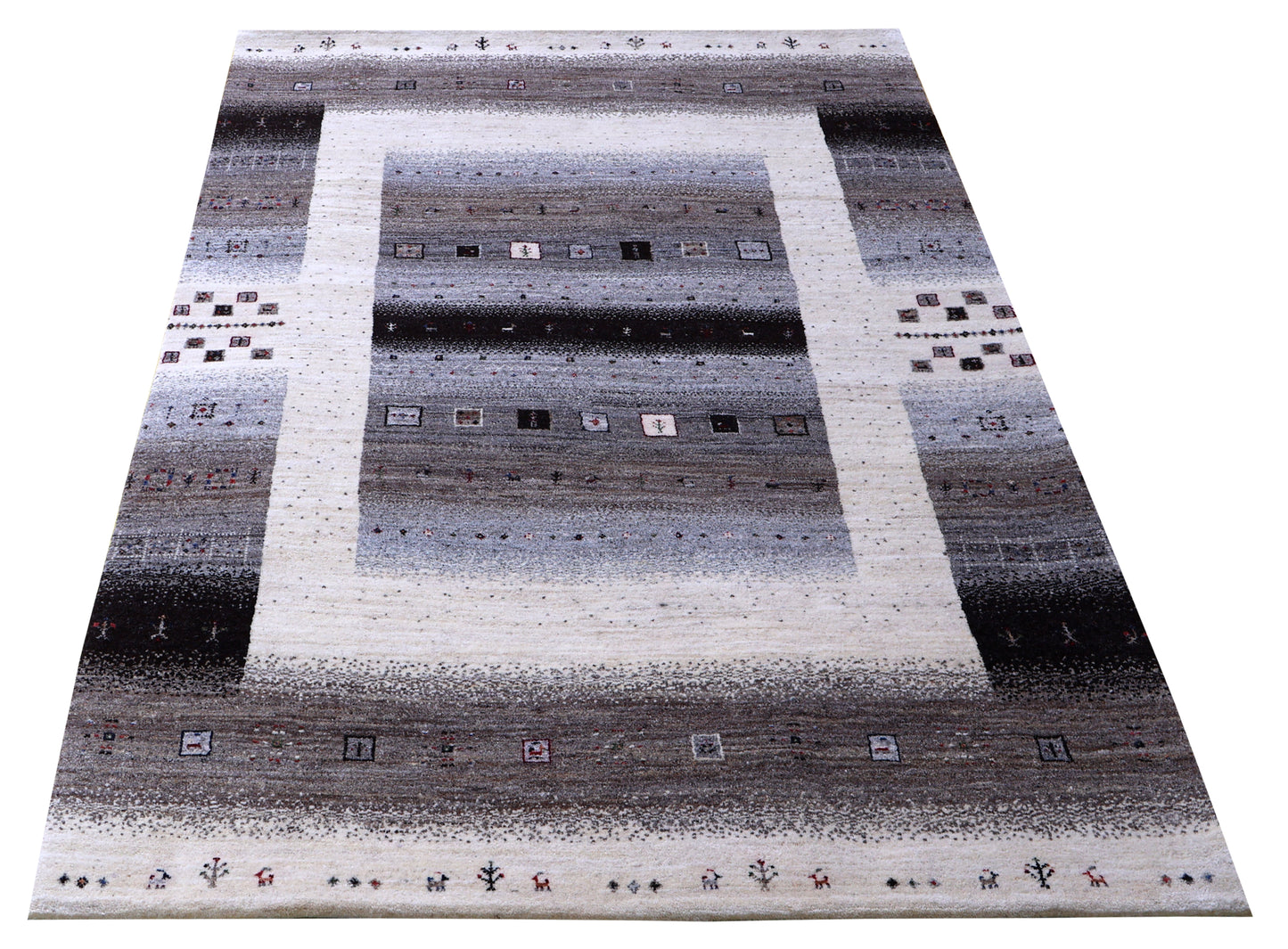 Ivory Grey Taupe Gabbeh Tree of Life Wool Viscose Hand Knotted Traditional 5x7.6 And 5.6x8.6Area Rug