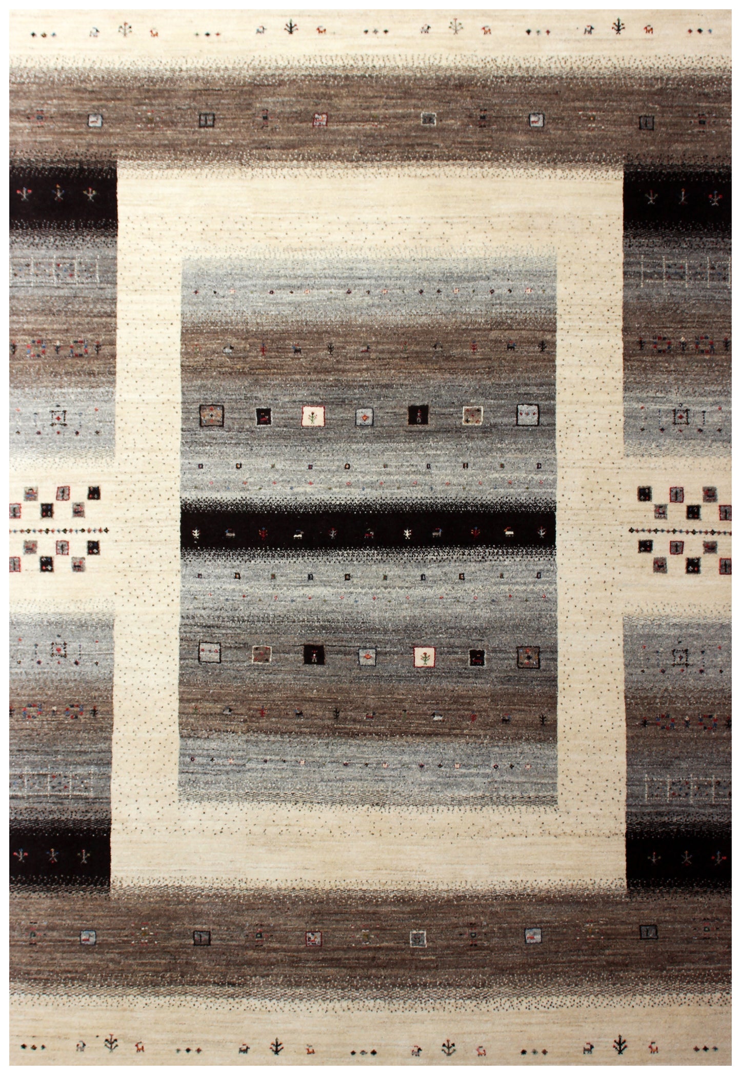 Hand Knotted Gabbeh Tribal Wool Rug 8x11.6 Ivory Brown Multi Stripes