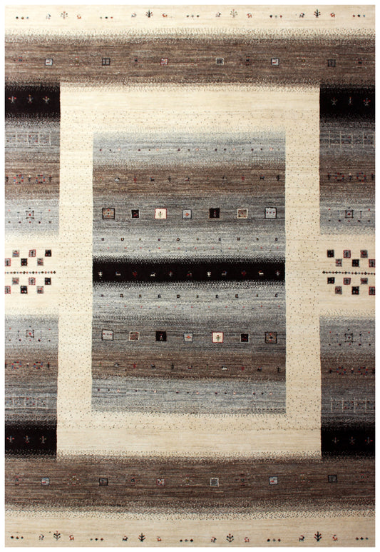 Hand Knotted Gabbeh Tribal Wool Rug 8x11.6 Ivory Brown Multi Stripes