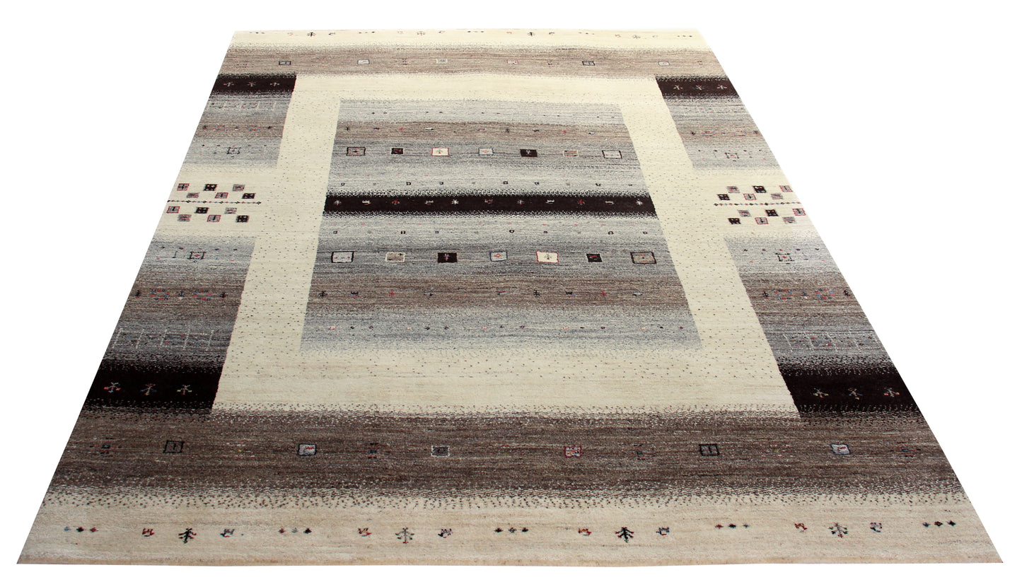 Hand Knotted Gabbeh Tribal Wool Rug 8x11.6 Ivory Brown Multi Stripes