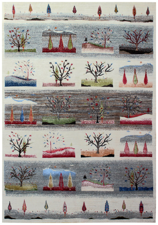Seasonal Landscape 5.6x8 Gabbeh Hand Knotted Ivory Vibrant Color Area Rug